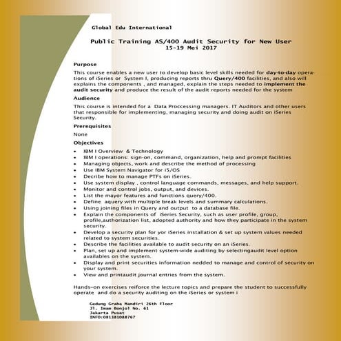 Public Training AS/400 Audit Security for New User (20-24 Maret 2017) | PDF