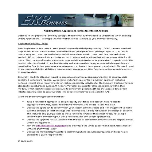 Auditing Oracle Applications Primer For Internal Auditors