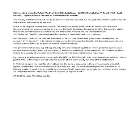 SASE,  The Nordic Audit Standard for Small Entitites (draft). Implementation in Finland.
