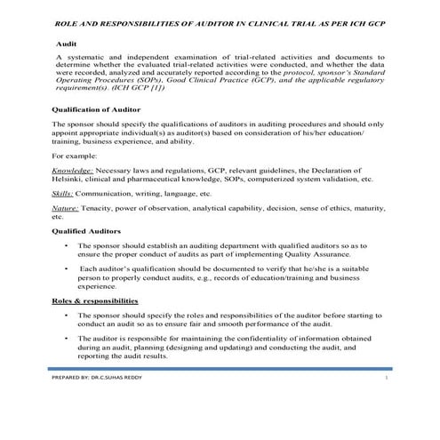 Auditors   roles & responsibilities in CT as per ICHGCP