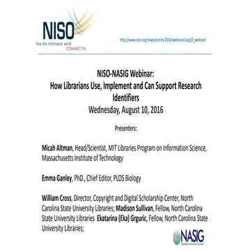 NISO-NASIG Joint Webinar, August 10