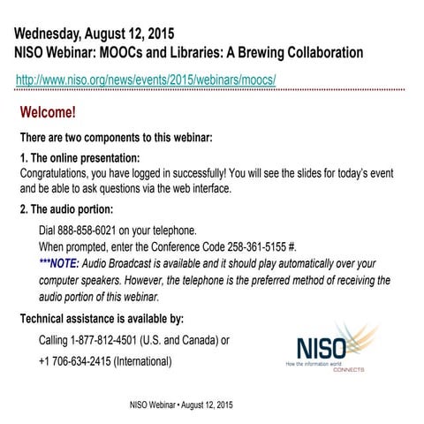 August 12 NISO Webinar: MOOCs and Libraries: A Brewing Collaboration.