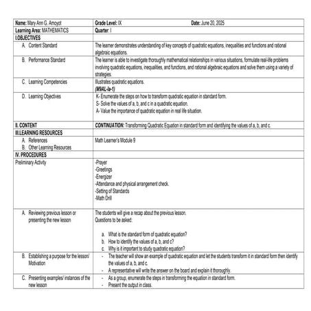 lesson plan in math 9 extracting the root