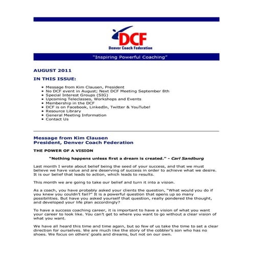 August 2011 Denver Coach Federation Newsletter