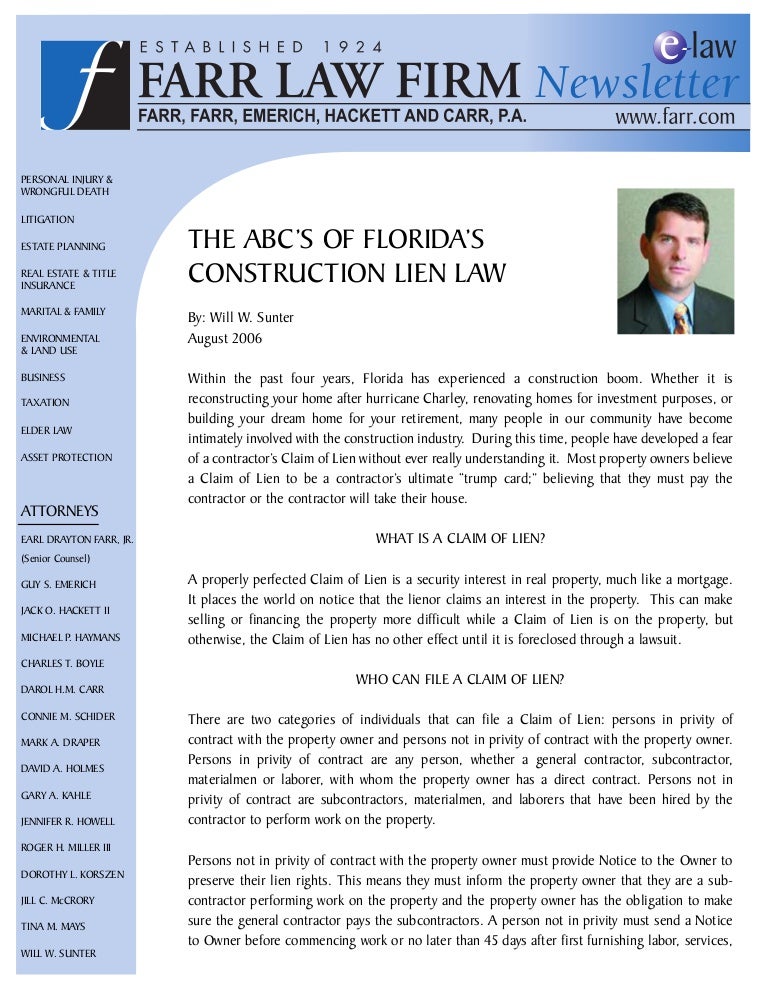 The ABC\'s of Florida\'s Construction Lien Law