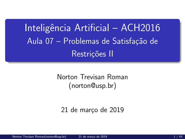 (ACH2044) Inteligência Artificial - Aula 07