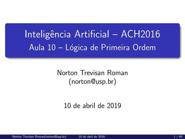 (ACH2044) Inteligência Artificial - Aula 10