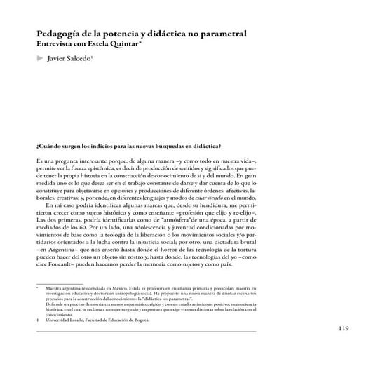 Javier Salcedo; Pedagogía de la potencia y didáctica no parametral: Entrevist...