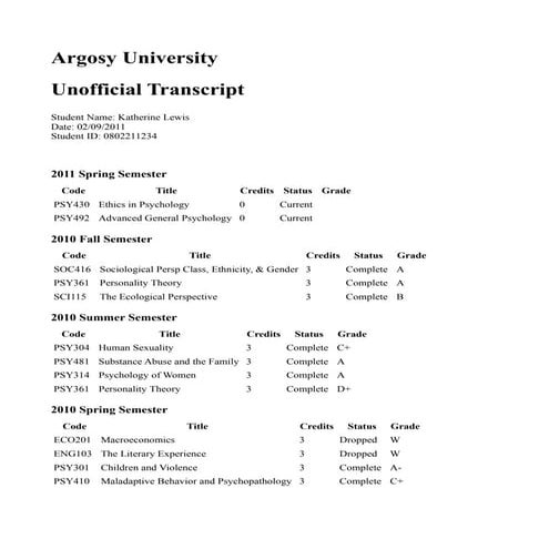 PAU Unofficial Transcript | PDF