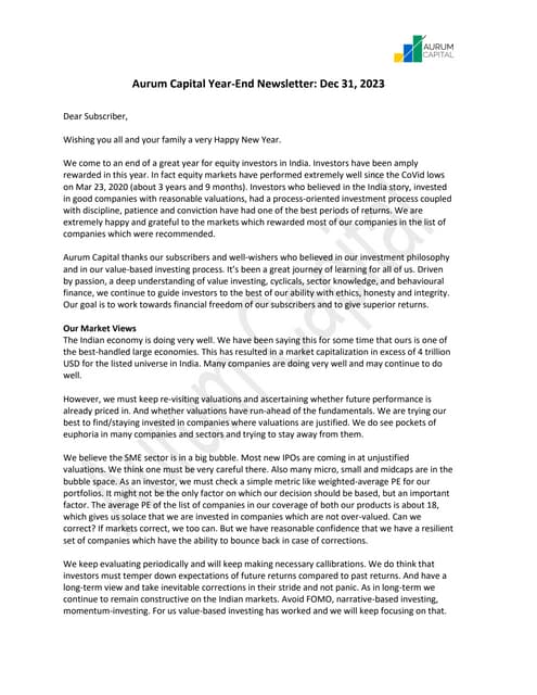 Aurum Capital Note to subscribers - Dec 31 2023.pdf