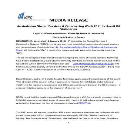 Australasian shared services & outsourcing week 2011 to unveil g6 visionaries