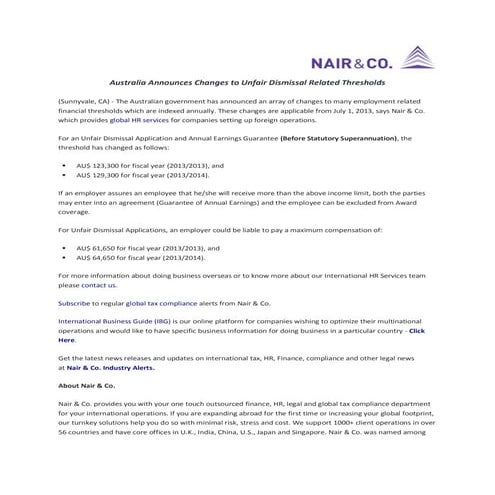 Australia Announces Changes to Unfair Dismissal Related Thresholds