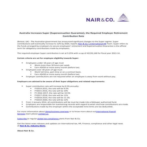Australia Increases Super (Superannuation Guarantee), the Required Employer R...