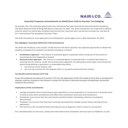 Australia Proposes Amendments to GAAR (Part IVA) to Counter Tax Dodging