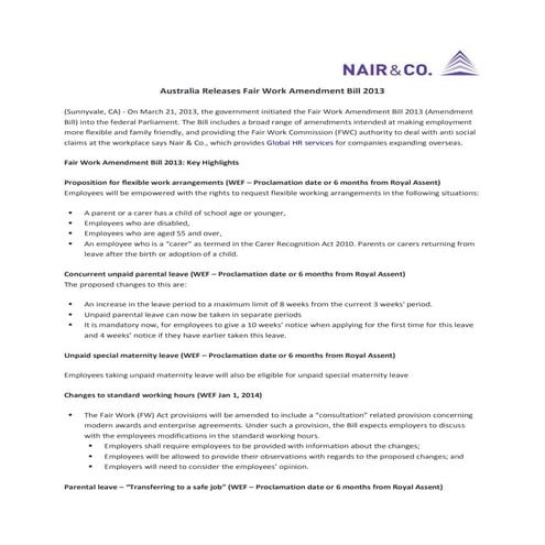Australia releases fair work amendment bill 2013