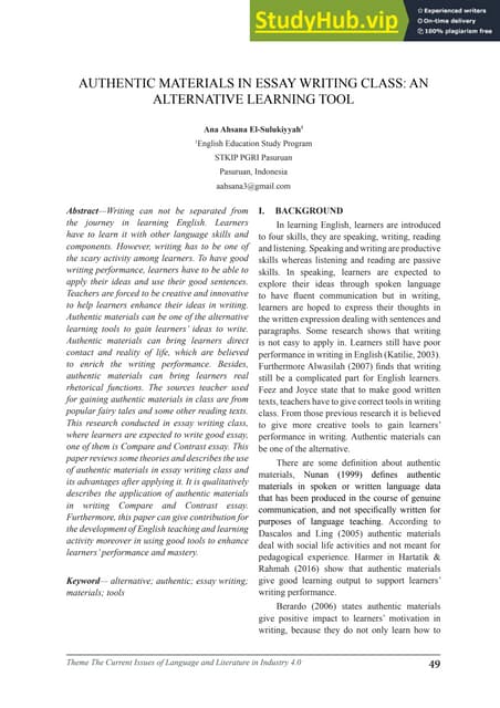 AUTHENTIC MATERIALS IN ESSAY WRITING CLASS AN ALTERNATIVE LEARNING