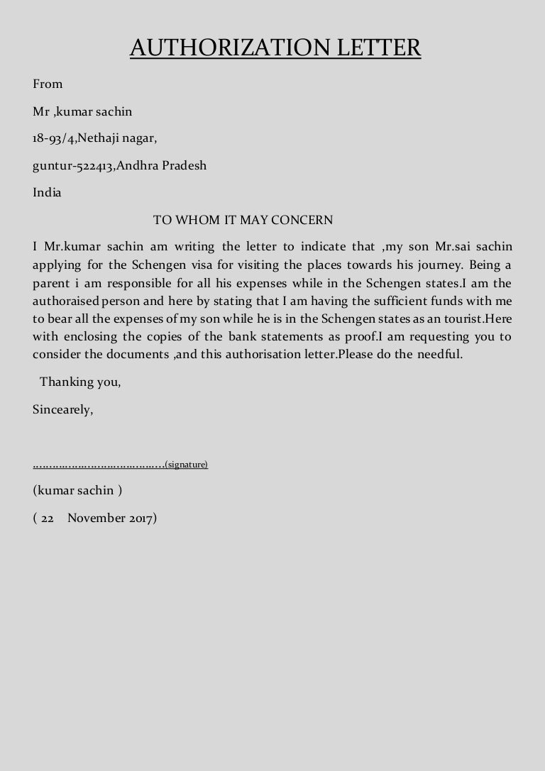 Authorisation letter for the schenegen visa