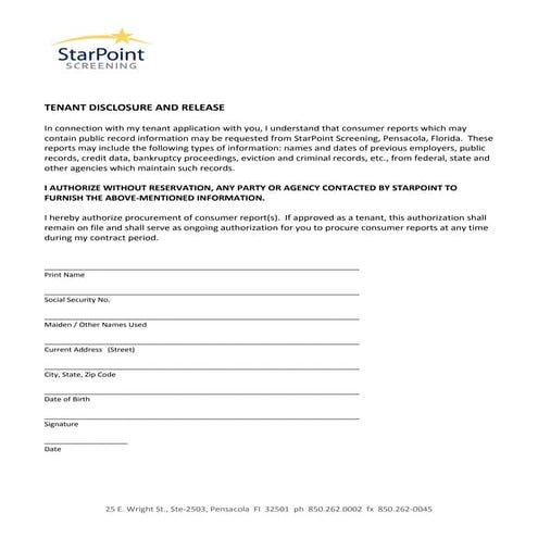 Authorization form, disclosure and release  tenant