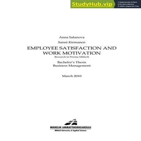 Author(S) Employee Satisfaction And Work Motivation   Research In Prisma Mikkeli