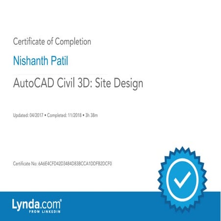 Certificate of Completion: AutoCAD Civil 3D: Site Design
