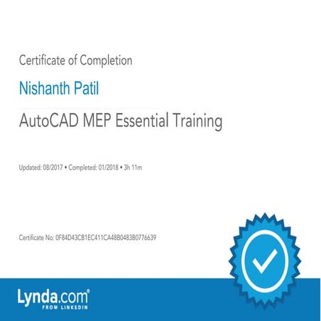 Certificate of Completion : AutoCAD MEP Essential Training