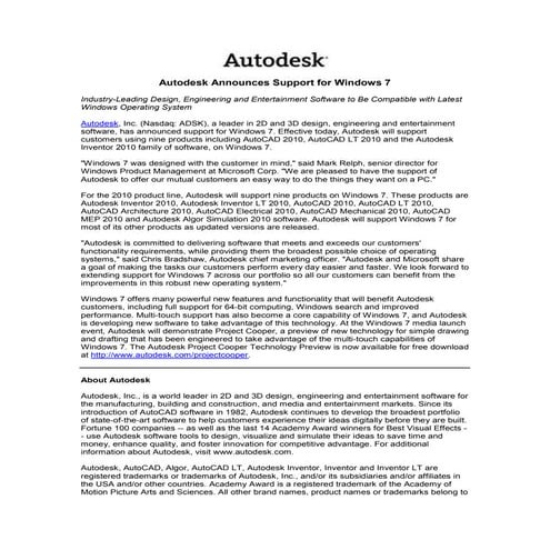 Autodesk Announces Support For Windows 7