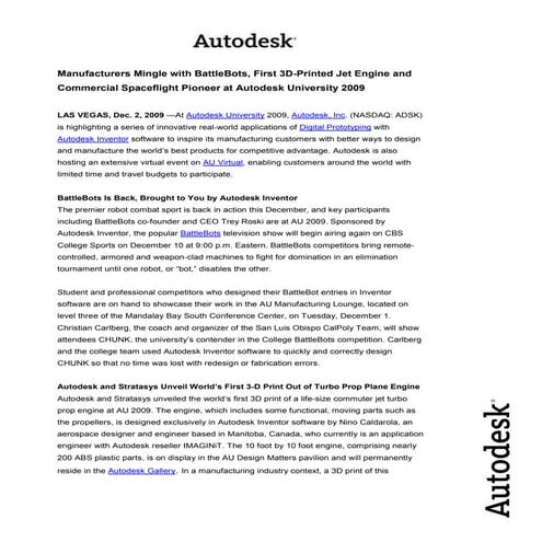 Autodesk University 2009 Manufacturing update