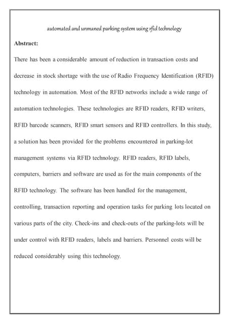 Automated and unmaned parking system using rfid technology by sam