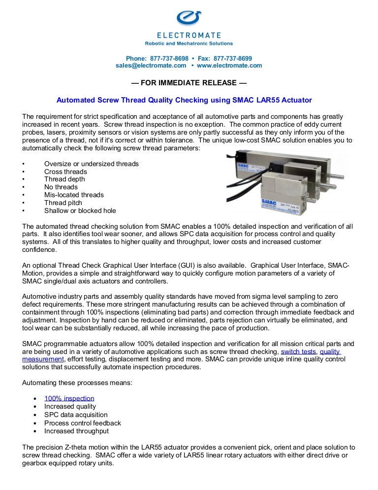 Automated screw thread quality checking using SMAC LAR55 actuator ne…