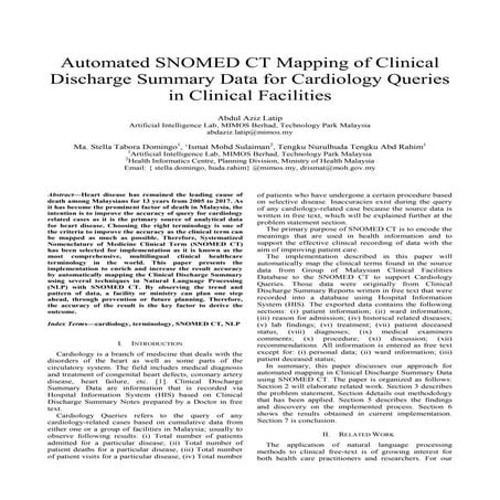 Automated snomed ct mapping of clinical discharge summary data for cardiology...