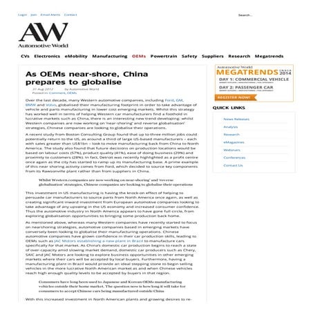 Automotive World Online - as OEMs Near-Shore China Prepares to Globalise