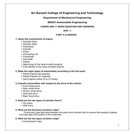 Automobile 2 and 11 marks unit i and ii