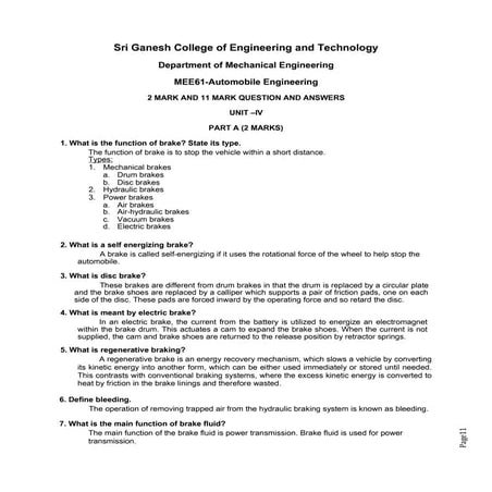 Automobile 2 and 11 marks unit iv