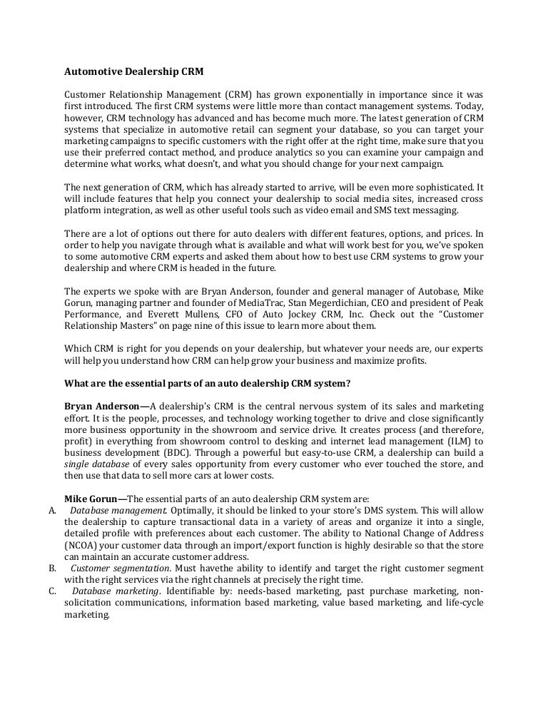 automotive dealership crm crm job description