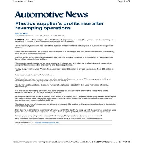 Automotive News   072505   Jmm At Sur Flo Plastics