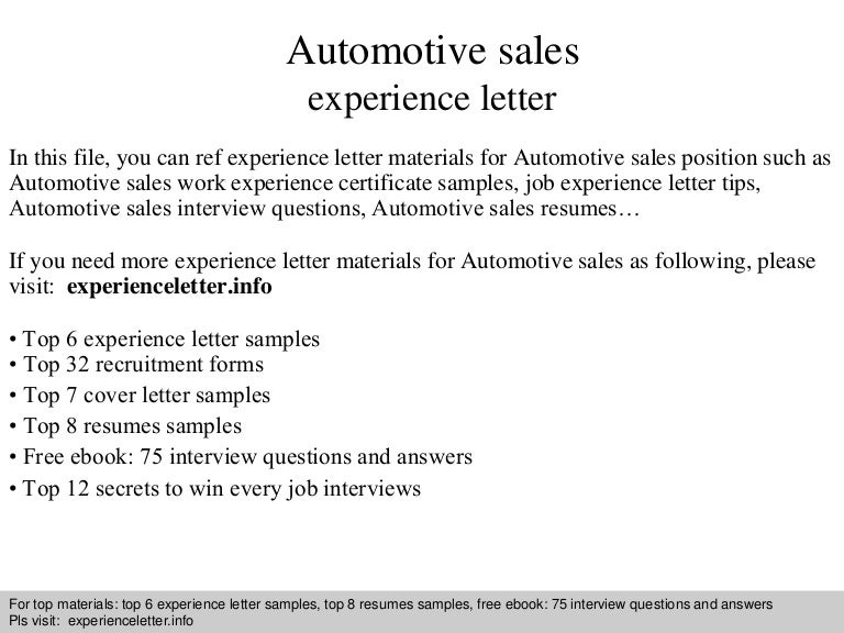 Automotive sales experience letter