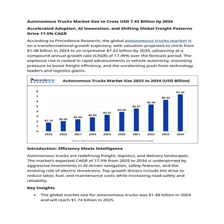 Autonomous Trucks Market Size to Cross USD 7.42 Billion by 2034 | DOCX