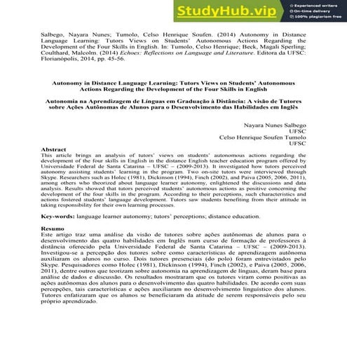 Autonomy In Distance Language Learning  Tutors Views On Students  Autonomous ...