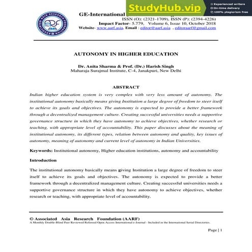 AUTONOMY IN HIGHER EDUCATION