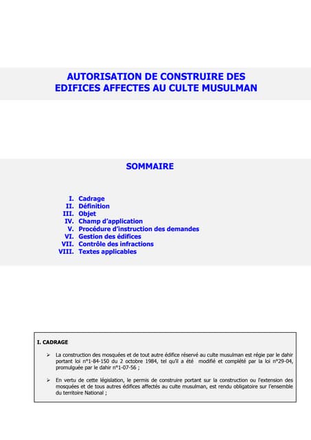 AUTORISATION DE CONSTRUIRE DES EDIFICES AFFECTES AU CULTE MUSULMAN 