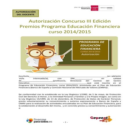 Autorización docente III Premios Programa Educacion Financiera 2014/2015