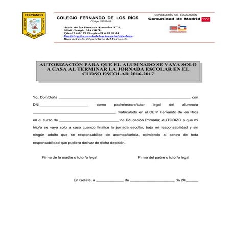 Autorización familias salida centro ( ceip Fernando de los ríos de Getafe)