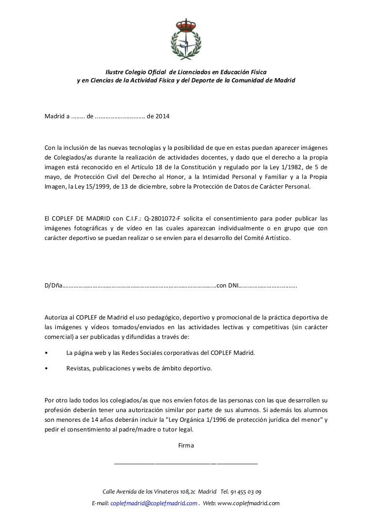Autorización derechos de imagen COPLEF de Madrid