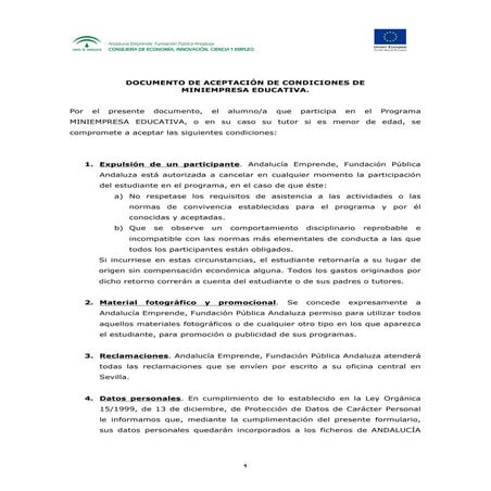Autorización y aceptación de condiciones miniempresa educativa