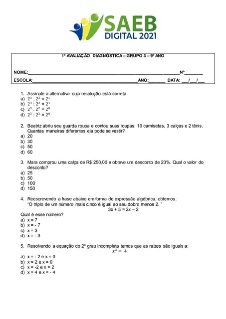 avaliacao diagnostica saeb 9ano | DOCX