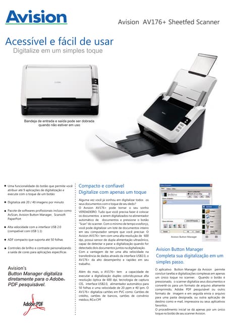 Especificações do Scanner - AVISION - Av186