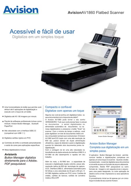 Especificações do Scanner - AVISION - Av186