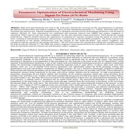 Parametric Optimization of Electrochemical Machining Using Signal-To-Noise (S...