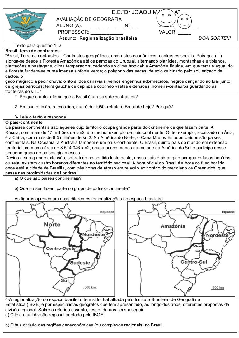 Exercícios Sobre As Regiões Geoeconômicas Do Brasil 7o Ano