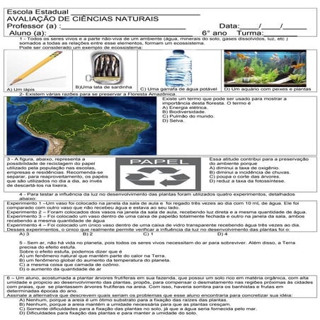 Avaliaçao de ciencias 6-ano